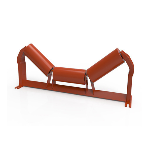 A three roll troughing idler set, its rollers angled into a trough on a welded orange frame. A three roll troughing idler set, its rollers angled into a trough on a welded orange frame.