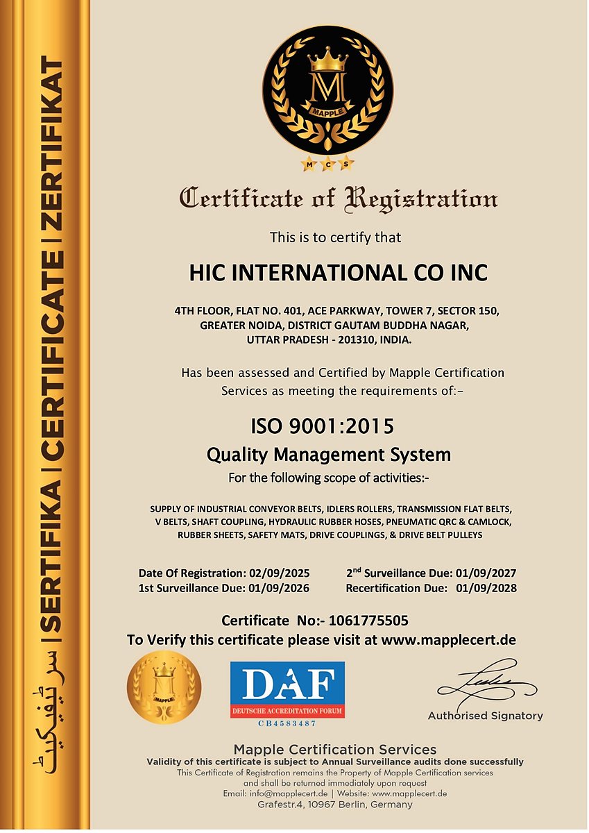 The ISO 9001:2015 certificate of registration issued to HIC International Co Inc by Mapple Certification Services, certificate number 1061775505, registered 2025 and due for recertification in 2028.