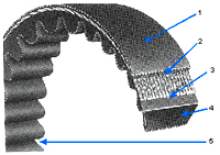 A cutaway of a raw edge cogged V belt, its five layers numbered from the top cover down to the notched base. A cutaway of a raw edge cogged V belt, its five layers numbered from the top cover down to the notched base.