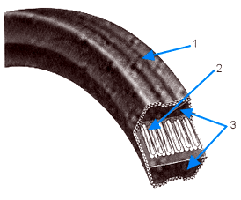 A cutaway of a double sided belt, wedge shaped on both faces for serpentine drives, with its layers numbered. A cutaway of a double sided belt, wedge shaped on both faces for serpentine drives, with its layers numbered.
