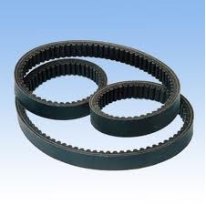 Two cogged wedge V belts of fire resistant antistatic quality, lying one inside the other. Two cogged wedge V belts of fire resistant antistatic quality, lying one inside the other.