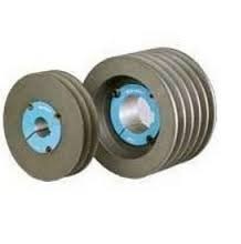 Two grooved V pulleys, each fitted with a blue taper bush in its bore. Two grooved V pulleys, each fitted with a blue taper bush in its bore.