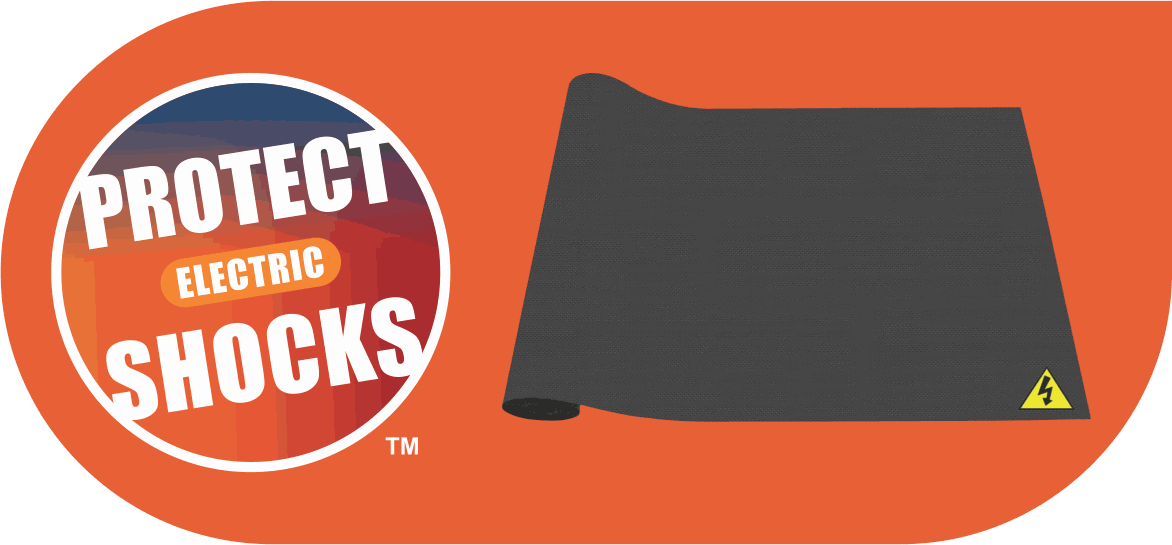 An orange HIC banner reading PROTECT ELECTRIC SHOCKS, beside a part unrolled black insulating mat carrying a yellow electrical hazard label.