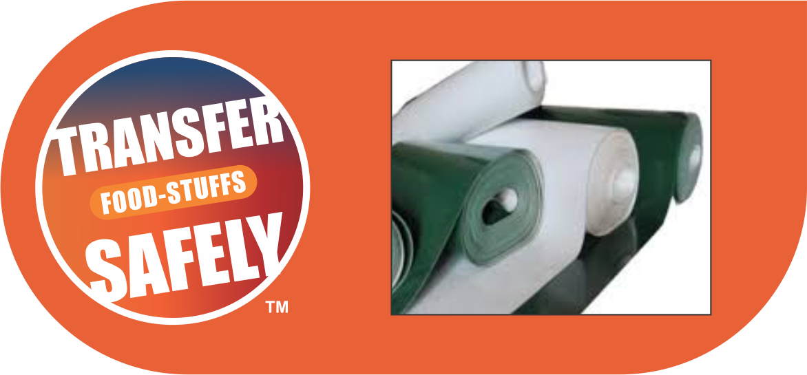 An orange HIC banner reading TRANSFER FOOD-STUFFS SAFELY, beside rolls of green and white PVC belting.