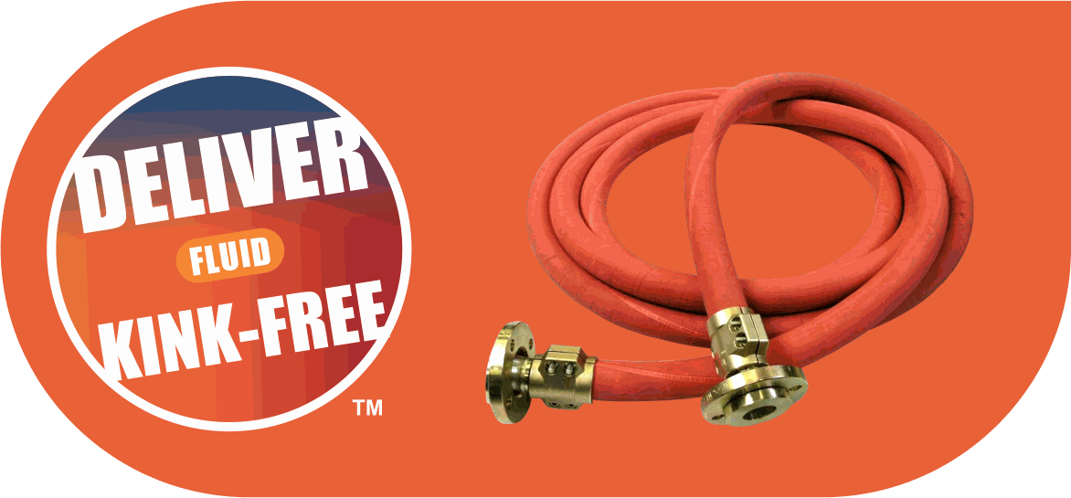 An orange HIC banner reading DELIVER FLUID KINK-FREE, beside a coiled red rubber hose with brass flanged couplings at both ends.