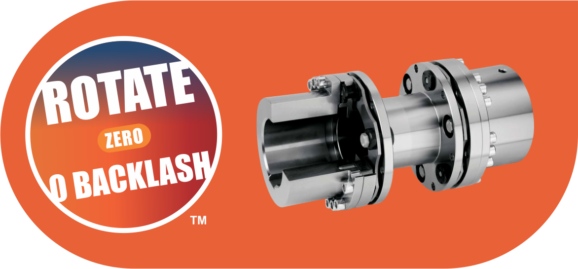 An orange HIC banner reading ROTATE, ZERO, 0 BACKLASH, beside a polished steel gear coupling with its two halves bolted together.