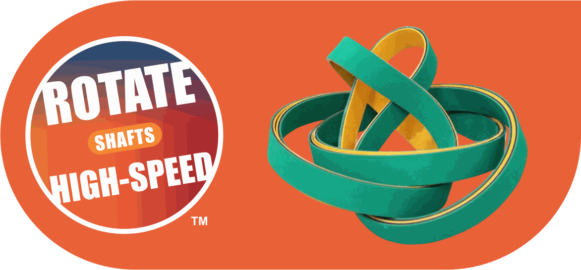 An orange HIC banner reading ROTATE SHAFTS HIGH-SPEED, beside green flat transmission belts with yellow backing, looped through one another.