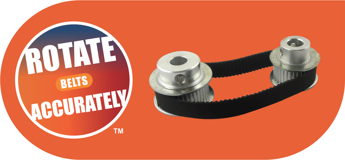 An orange HIC banner reading ROTATE BELTS ACCURATELY, beside two aluminium toothed pulleys joined by a black timing belt.