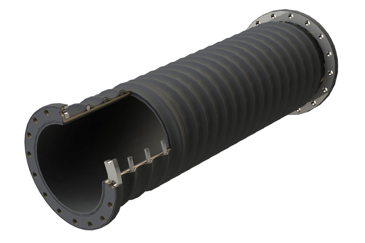 A slurry suction hose built with a bolted flange at the end and a thick lining visible through the bore. A slurry suction hose built with a bolted flange at the end and a thick lining visible through the bore.
