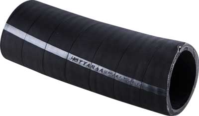 A hot bitumen transfer hose, its ribbed cover bending to show how flexible it is. A hot bitumen transfer hose, its ribbed cover bending to show how flexible it is.
