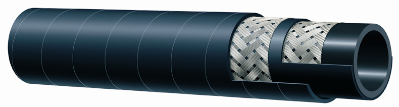 A steam hose cut back in steps to show the wire braid between its EPDM lining and cover. A steam hose cut back in steps to show the wire braid between its EPDM lining and cover.