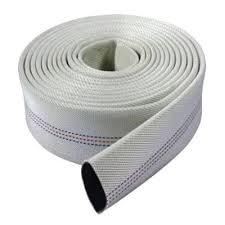 A coil of rubber lined fire hose in white canvas, one end opened out. A coil of rubber lined fire hose in white canvas, one end opened out.