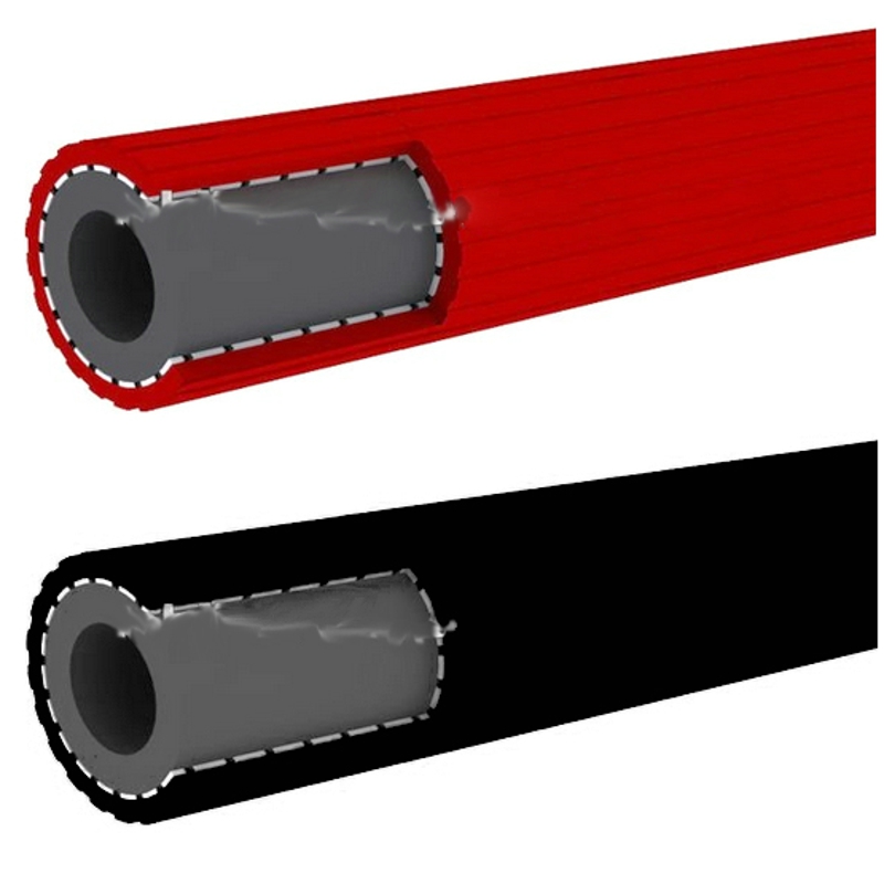 A red acetylene welding hose and a black one, each drawn in section to show the braid around the inner tube. A red acetylene welding hose and a black one, each drawn in section to show the braid around the inner tube.