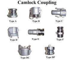 A chart of camlock coupling types, each one photographed and labelled, from Type A through Type F and the dust cap and plug. A chart of camlock coupling types, each one photographed and labelled, from Type A through Type F and the dust cap and plug.