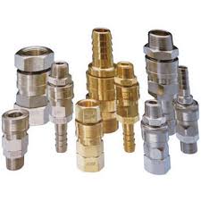 A group of high pressure quick release couplings in steel and brass, in several sizes. A group of high pressure quick release couplings in steel and brass, in several sizes.