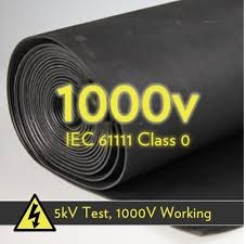 A part unrolled roll of insulating matting, marked 1000V, IEC 61111 Class 0, and 5kV test, 1000V working beside a high voltage warning symbol. A part unrolled roll of insulating matting, marked 1000V, IEC 61111 Class 0, and 5kV test, 1000V working beside a high voltage warning symbol.