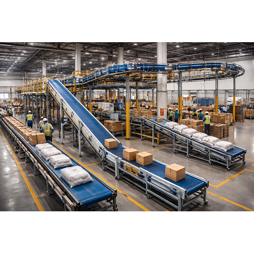 An automated factory, boxes travelling on inclined belt conveyors between the racking and the packing lines. An automated factory, boxes travelling on inclined belt conveyors between the racking and the packing lines.