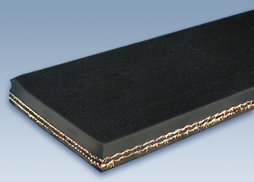 A cut length of textile ply conveyor belt, the yellow fabric plies showing in steps at the open end.