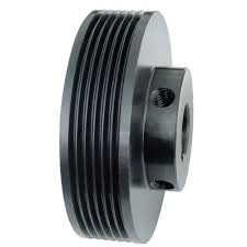 A multi rib belt pulley, the fine grooves running around its face.