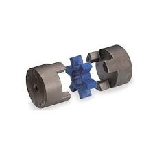 A star spider coupling in three parts: two jaw hubs with the blue rubber spider that sits between them. A star spider coupling in three parts: two jaw hubs with the blue rubber spider that sits between them.