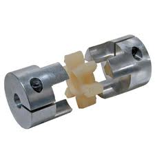 Two steel spider couplings with a pale flexible element between their jaws. Two steel spider couplings with a pale flexible element between their jaws.