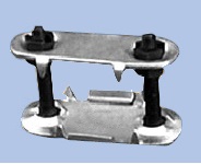 A Hawk type solid plate fastener, the two plates shown bolted together. A Hawk type solid plate fastener, the two plates shown bolted together.
