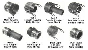Eight camlock parts photographed and labelled: Part A male adaptor female thread, Part B female coupler male thread, Part C female coupler hose shank, Part D female coupler female thread, Part E male adaptor hose shank, Part F male adaptor male thread, dust caps for use with adaptors and dust plugs for use with couplers. Eight camlock parts photographed and labelled: Part A male adaptor female thread, Part B female coupler male thread, Part C female coupler hose shank, Part D female coupler female thread, Part E male adaptor hose shank, Part F male adaptor male thread, dust caps for use with adaptors and dust plugs for use with couplers.
